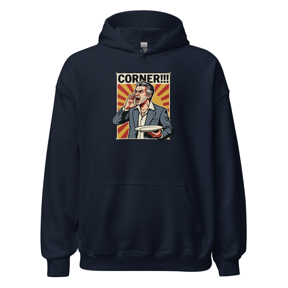Corner Screaming Waiter Propaganda Fine Dining Tee — Hoodie — navy front view