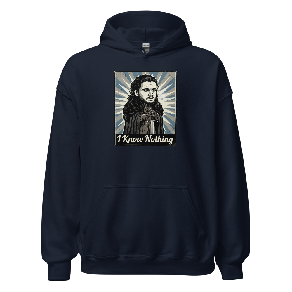 I Know Nothing Brooding Northern Hero Propaganda Tee — Hoodie — navy front view