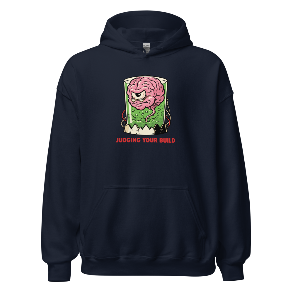 Judging Your Build Brain in a Jar Boss Tee — Hoodie — navy front view