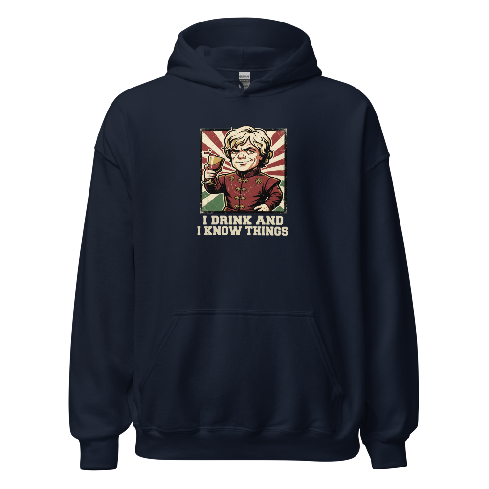 I Drink And I Know Things Propaganda Wine Tee — Hoodie — navy front view