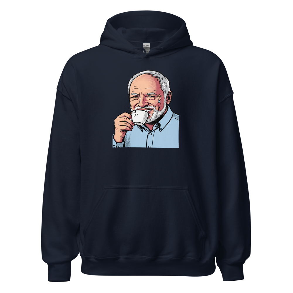 Fake Smile Coffee Guy Halftone Pop Art Meme Tee — navy front view