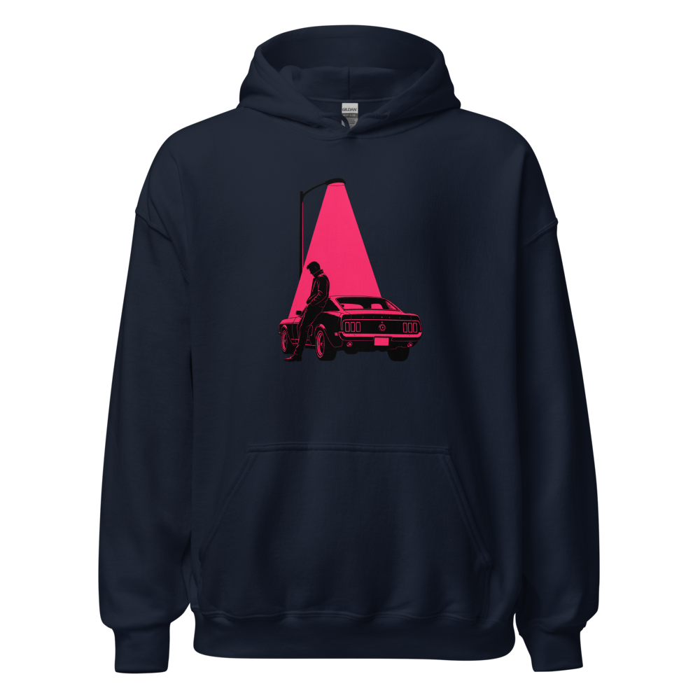 Neon Noir Midnight Driver Muscle Car Silhouette Tee â€” Navy front view