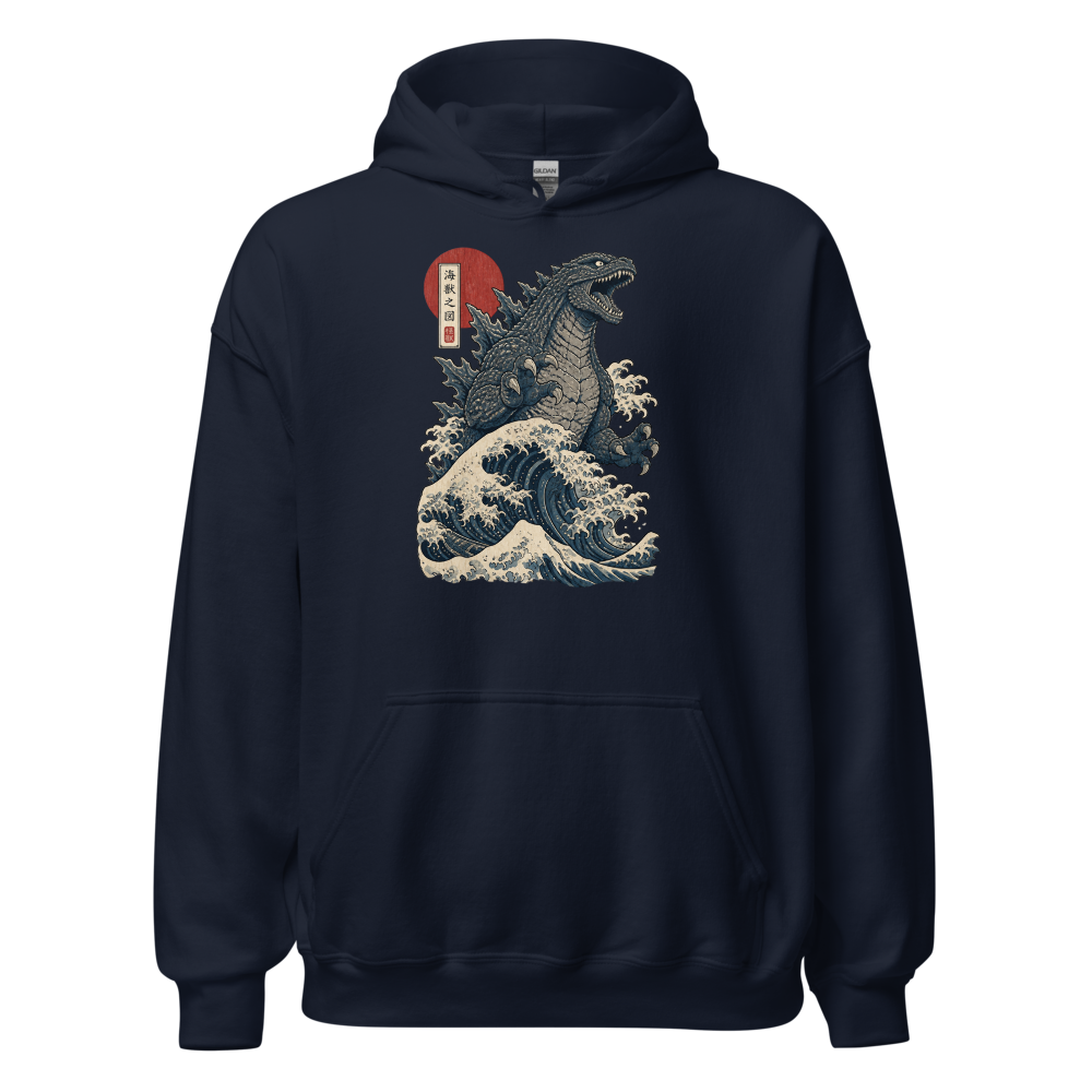 Sea Monster Great Wave Woodblock Print Tee — navy front view