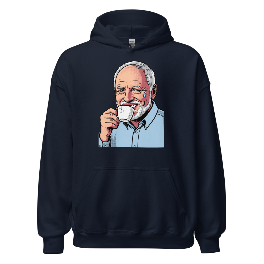 Fake Smile Coffee Guy Halftone Pop Art Meme Tee â€” Navy front view