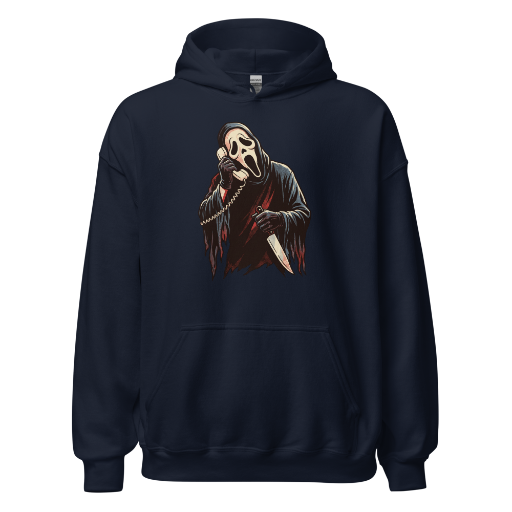 Masked Phone Caller On Hold Halftone Horror Tee — navy front view