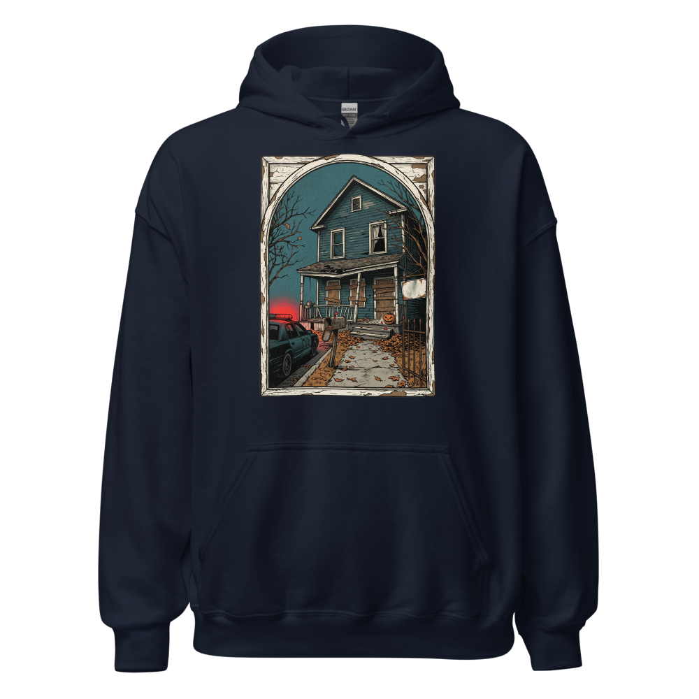 Haunted House Halloween Night Screen Print Horror Tee — Hoodie — navy front view