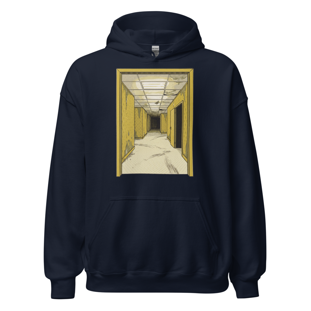 Yellow Liminal Hallway Endless Corridor Riso Tee — Hoodie — navy front view