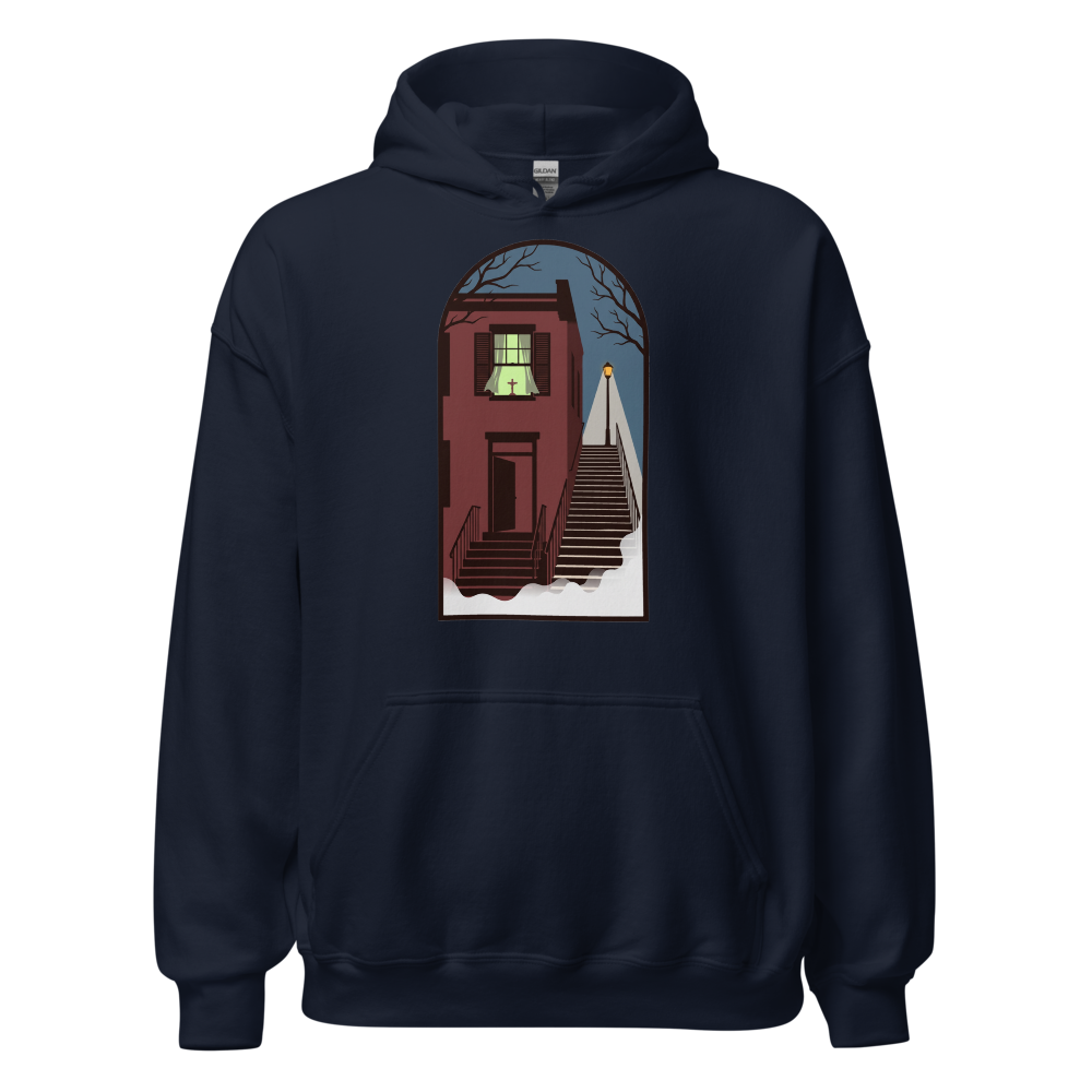 Haunted Row House Stone Stairs Horror Night Tee — Hoodie — navy front view