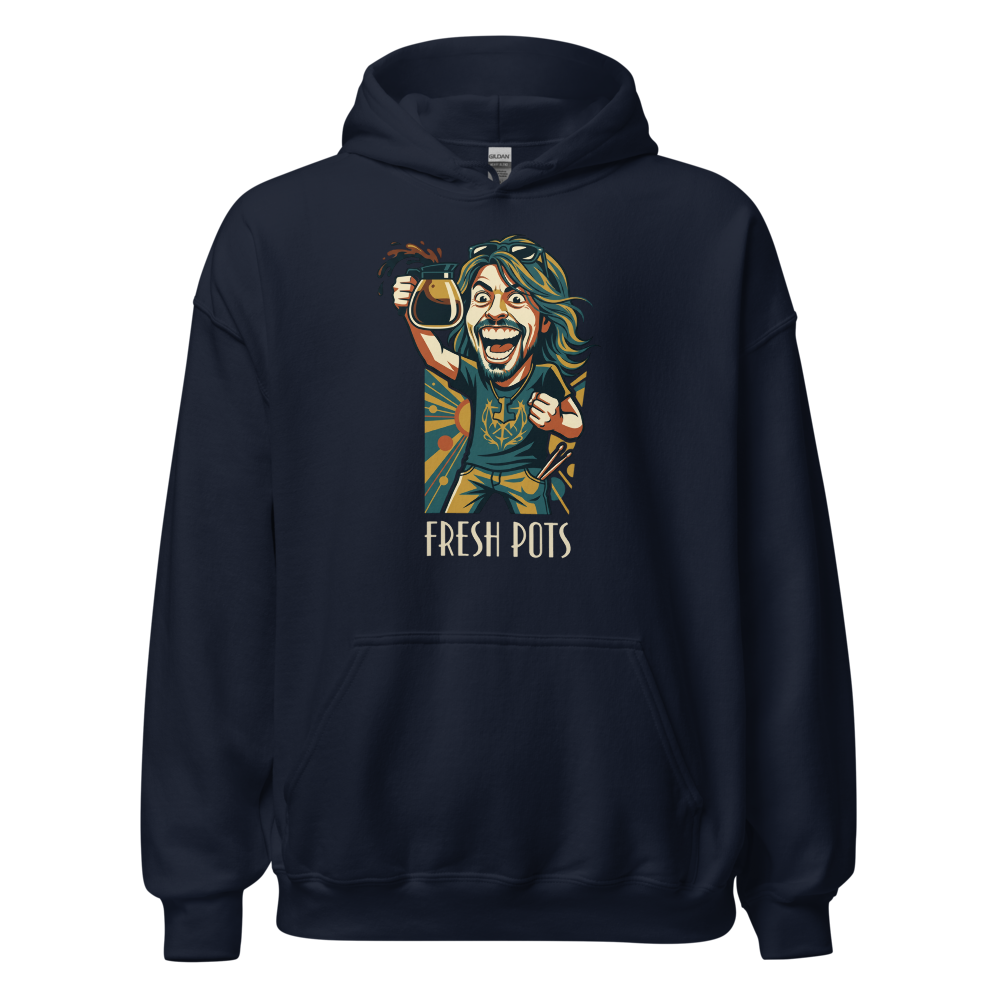 Fresh Pots Coffee Fueled Rock Drummer Art Deco Poster Tee — Hoodie — navy front view