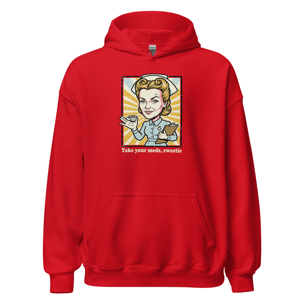 Take Your Meds Sweetie Propaganda Nurse Tee — red front view