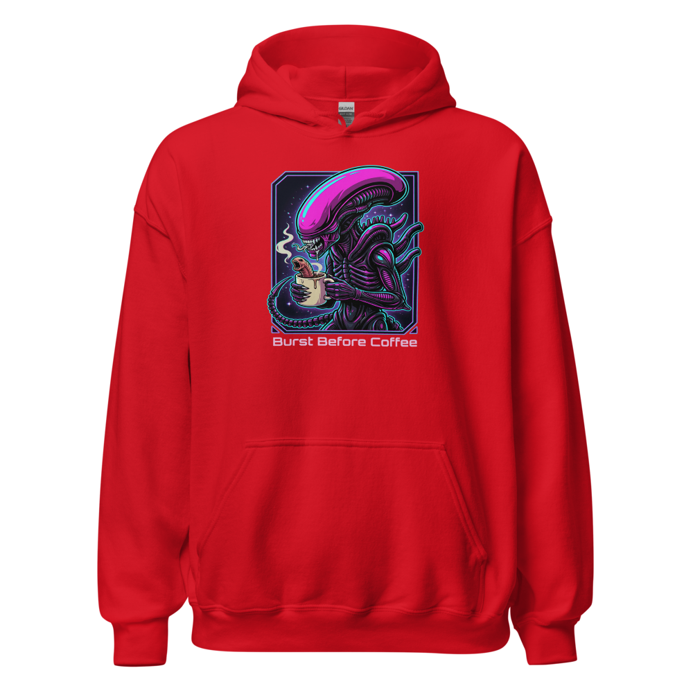 Burst Before Coffee Cyberpunk Alien Horror Tee — red front view