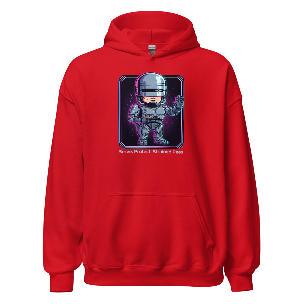 Cyborg Cop Strained Peas Cyberpunk Parody Tee — red front view