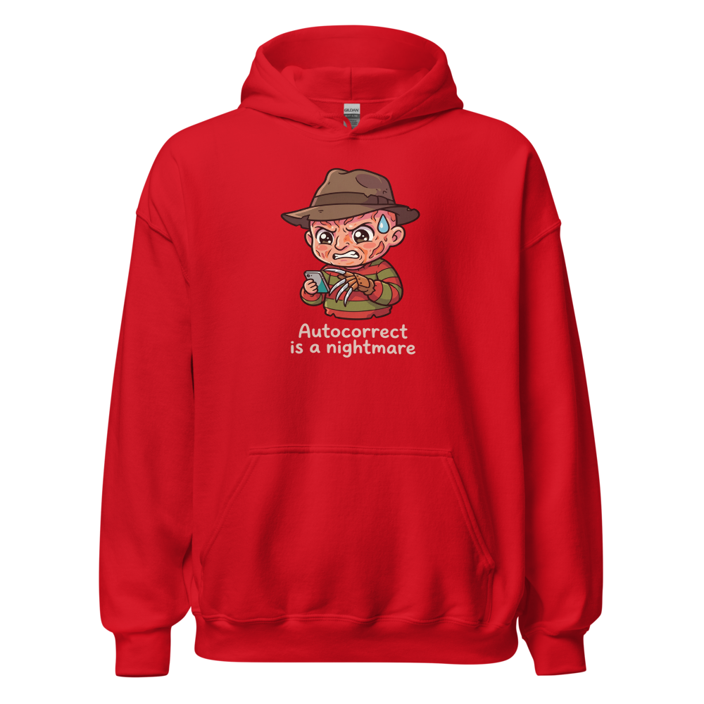 Chibi Slasher Autocorrect Nightmare Horror Parody Tee — red front view