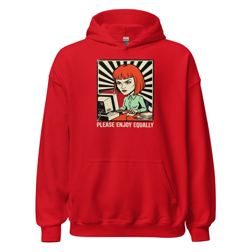 Please Enjoy Equally Office Drone Propaganda Tee — red front view