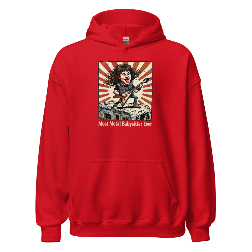 Most Metal Babysitter Ever Flying V Shredder Tee — red front view