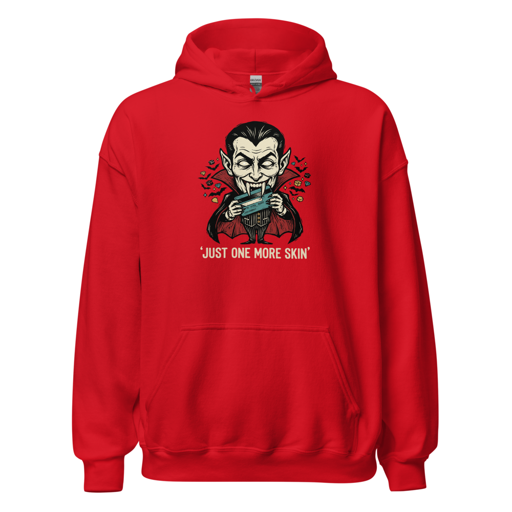 Microtransaction Vampire Woodcut Gaming Meme Tee — red front view
