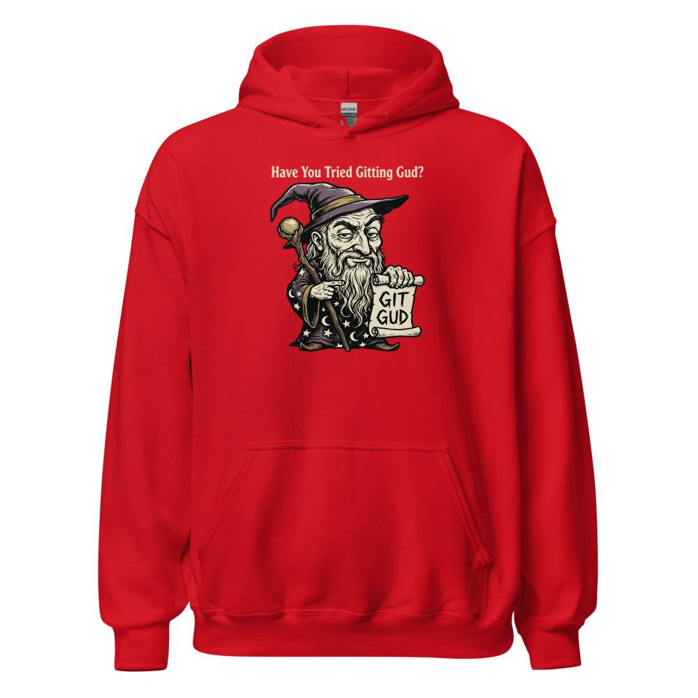 Git Gud Wizard Mentor Woodcut Gamer Meme Tee — red front view