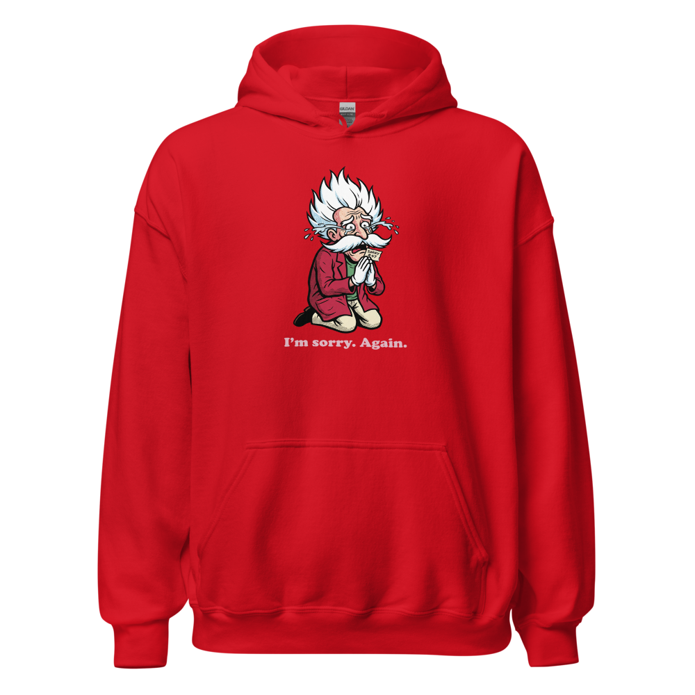 Mad Scientist Sorry Again Retro Boss Parody Tee — red front view