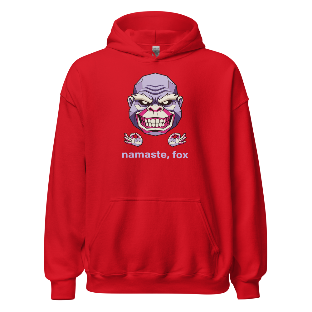 Namaste Fox Meditating Ape Boss Low Poly Tee — red front view
