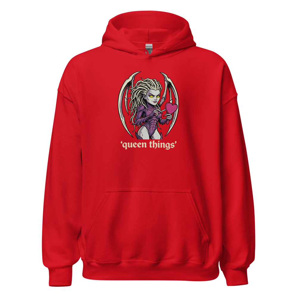 Queen Things Bone-Blade Vanity Boss Comic Ink Tee — red front view