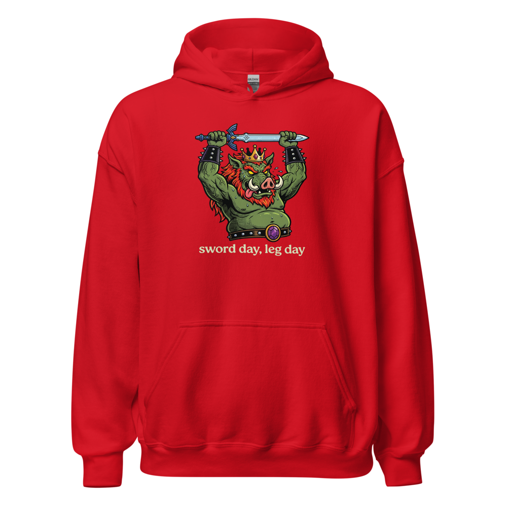 Sword Day Leg Day Boar King Boss Workout Tee — red front view