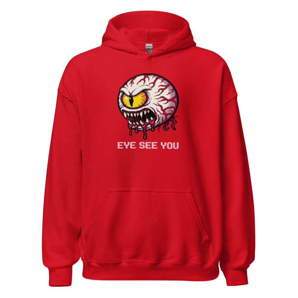 Eye See You Retro Pixel Boss Eyeball Gamer Tee — red front view
