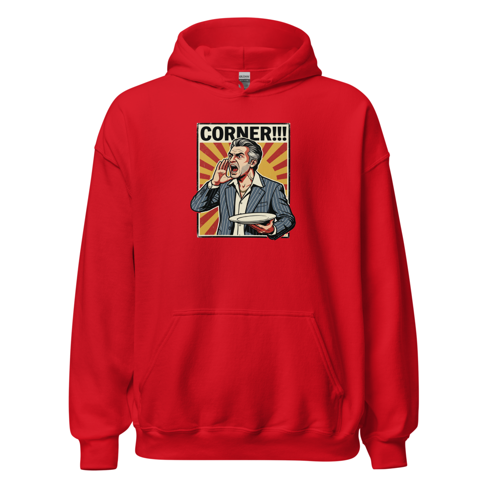 Corner Screaming Waiter Propaganda Fine Dining Tee — Hoodie — red front view