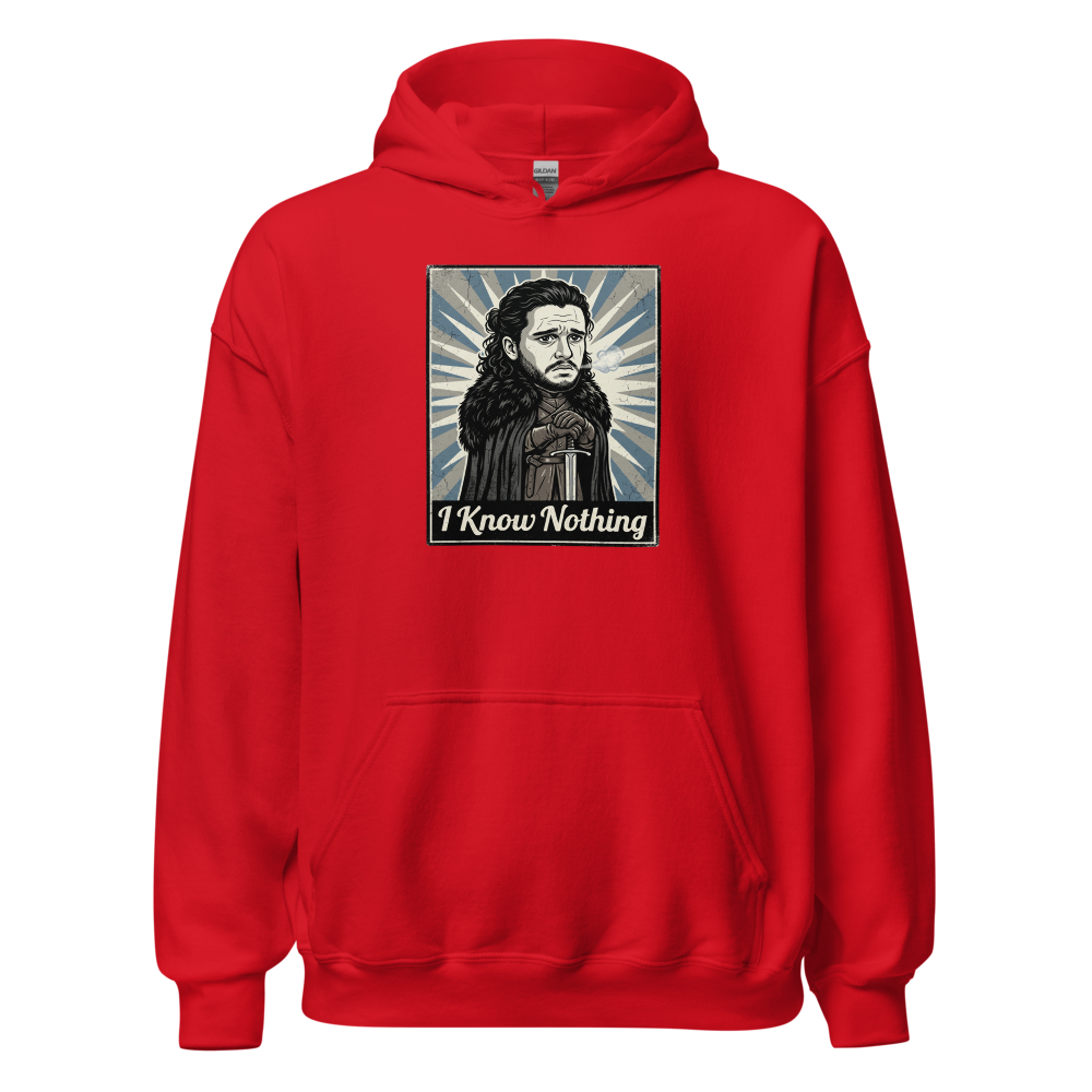 I Know Nothing Brooding Northern Hero Propaganda Tee — Hoodie — red front view