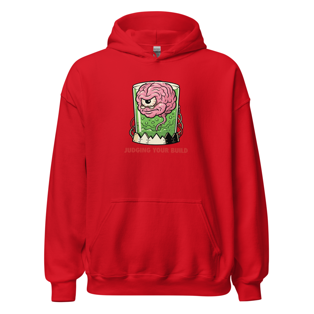 Judging Your Build Brain in a Jar Boss Tee — Hoodie — red front view