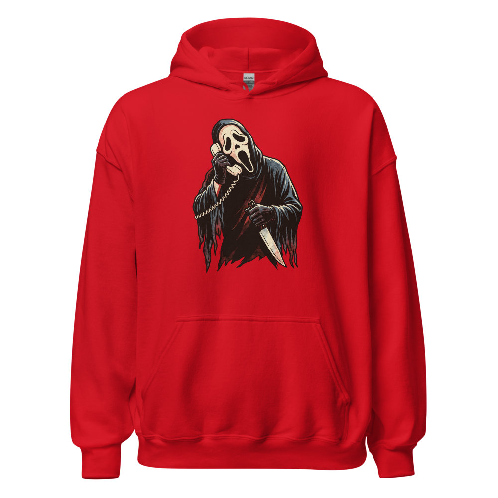 Masked Phone Caller On Hold Halftone Horror Tee — red front view