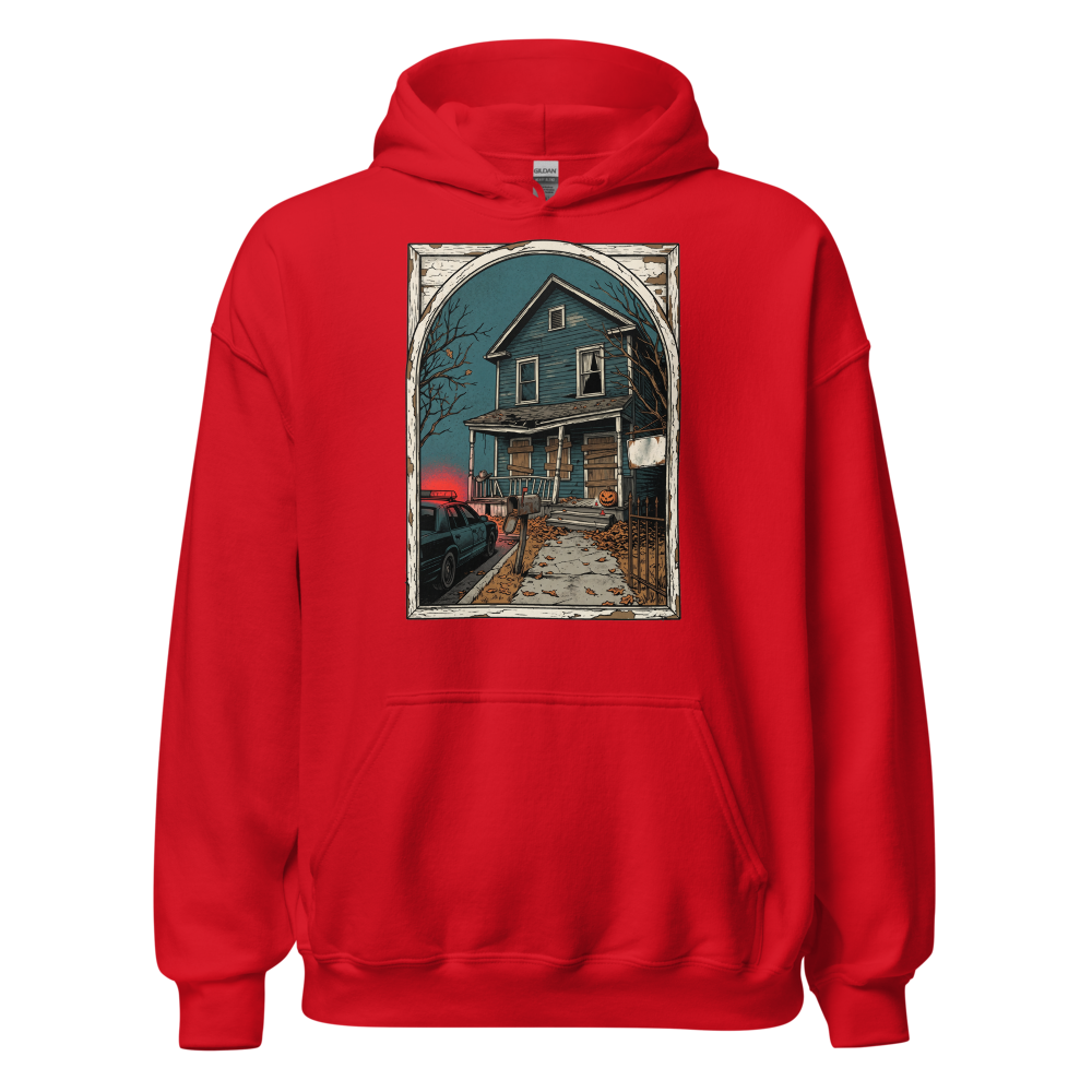Haunted House Halloween Night Screen Print Horror Tee — Hoodie — red front view