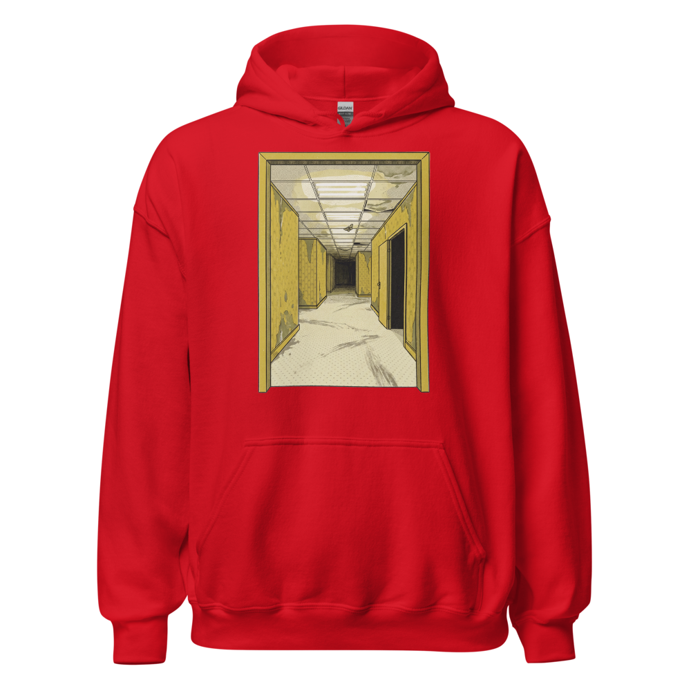 Yellow Liminal Hallway Endless Corridor Riso Tee — Hoodie — red front view
