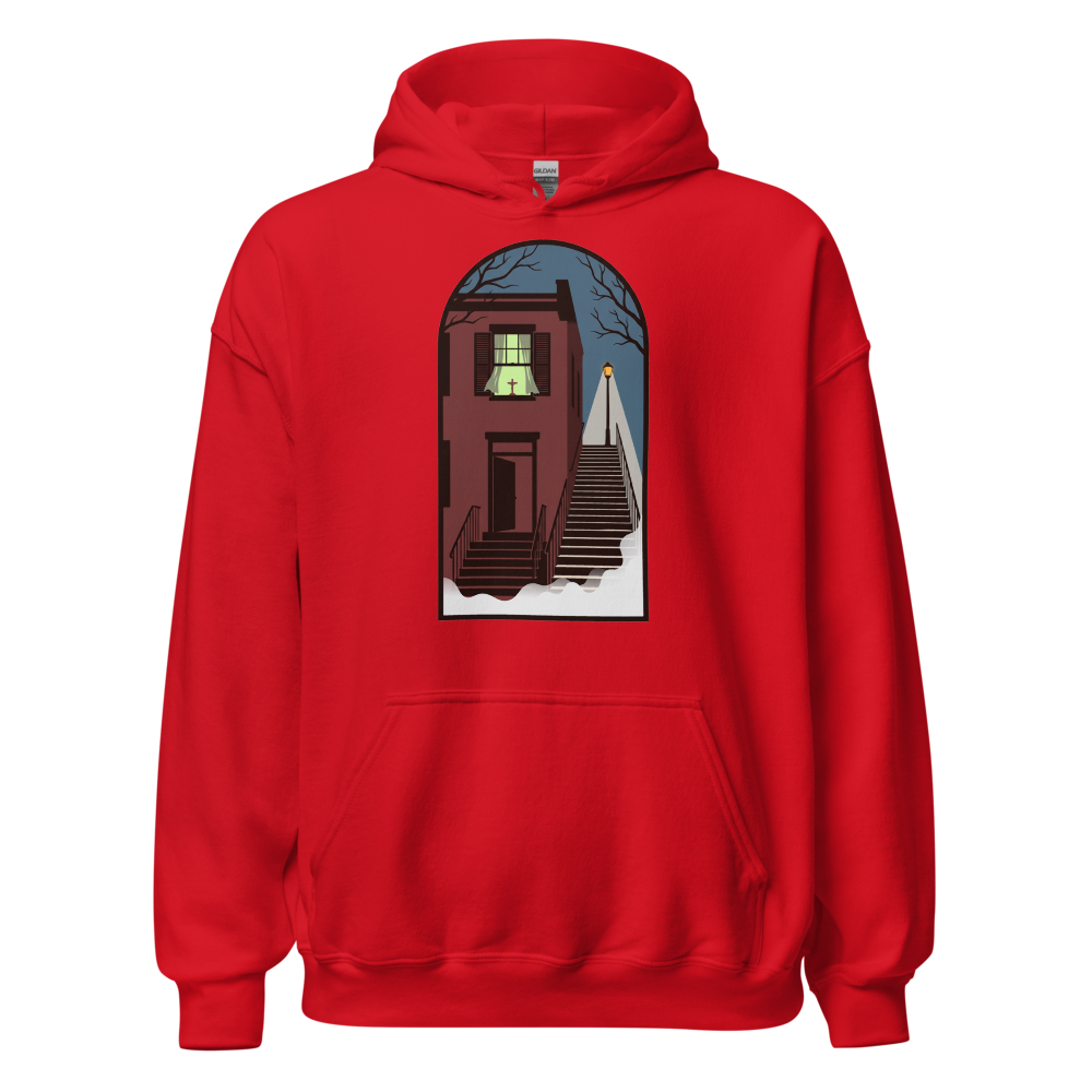 Haunted Row House Stone Stairs Horror Night Tee — Hoodie — red front view