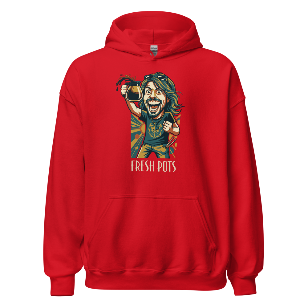 Fresh Pots Coffee Fueled Rock Drummer Art Deco Poster Tee — Hoodie — red front view