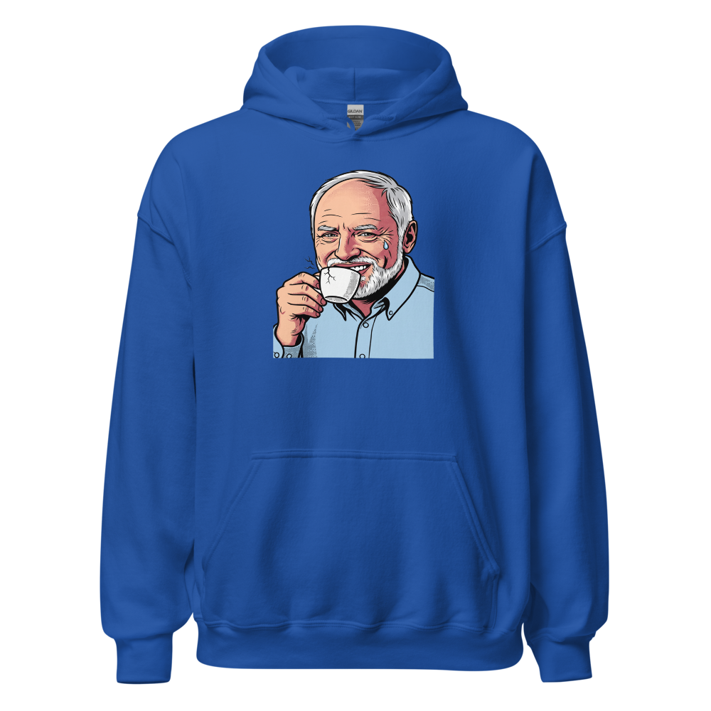 Fake Smile Coffee Guy Halftone Pop Art Meme Tee — royal front view