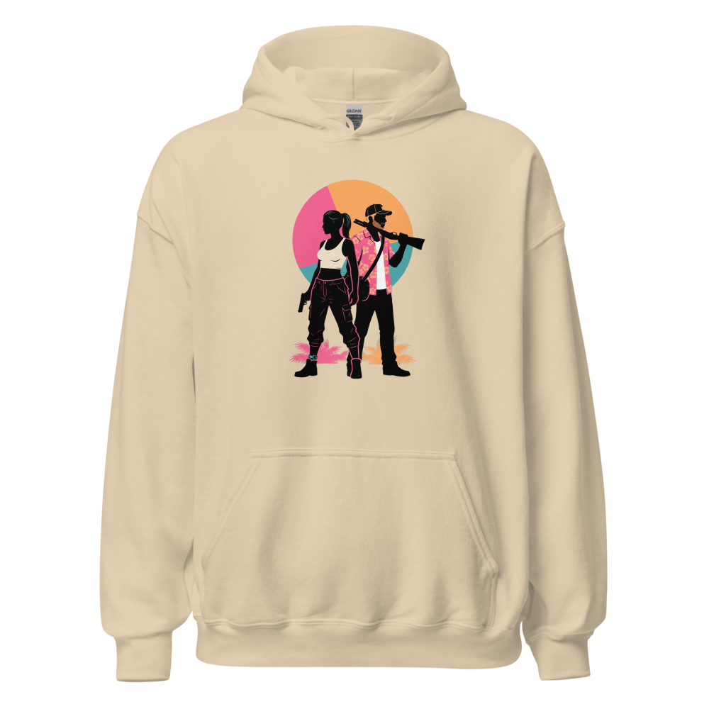Outlaw Couple Neon Sunset Crime Duo Graphic Tee — sand front view