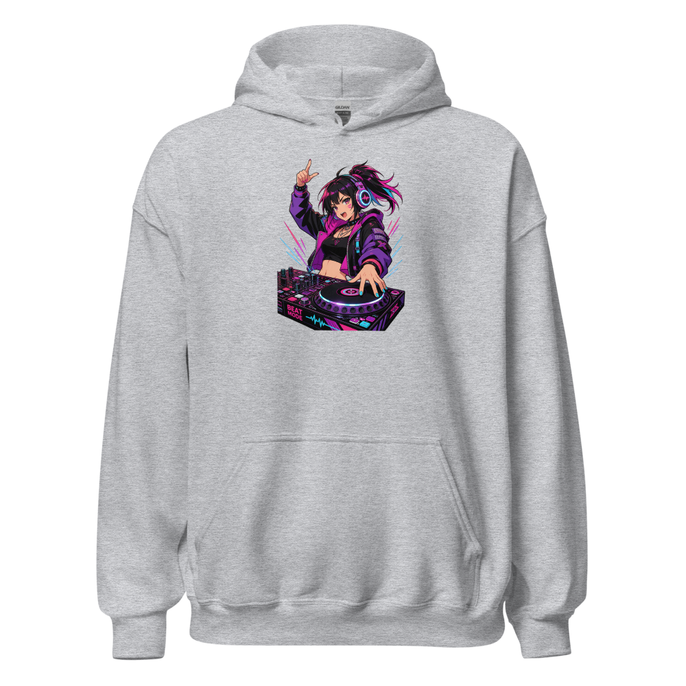 Anime Turntable Girl Synthwave Neon Drop Tee — sport grey front view