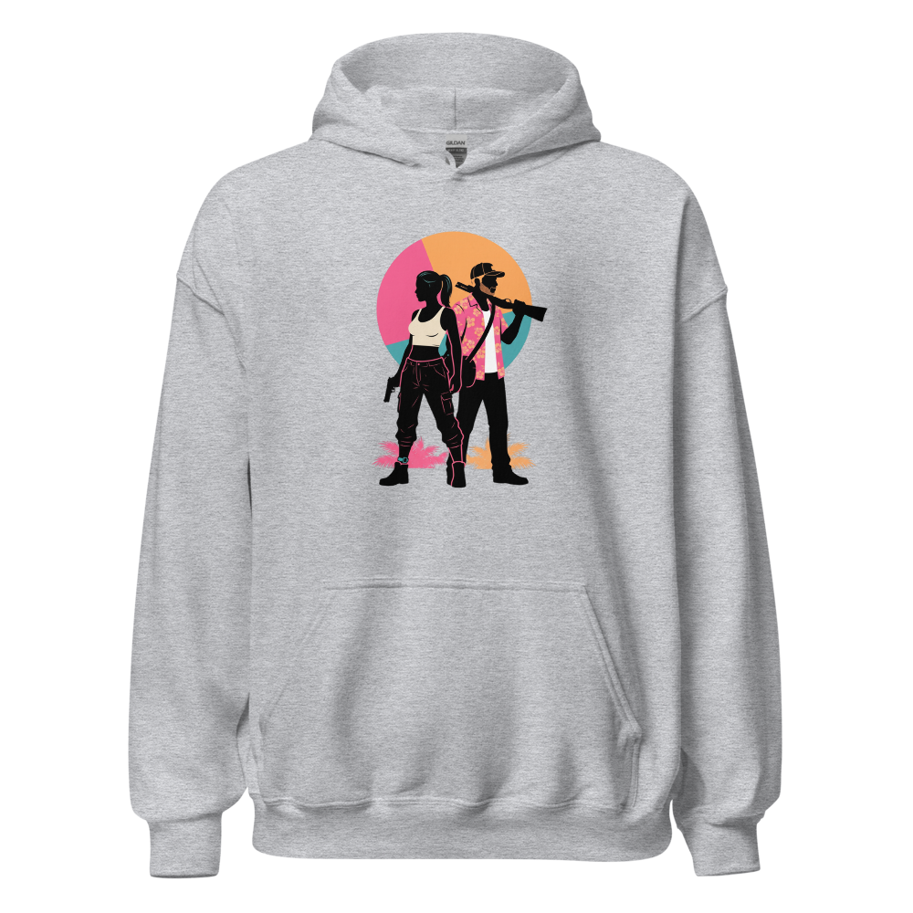 Outlaw Couple Neon Sunset Crime Duo Graphic Tee — sport grey front view