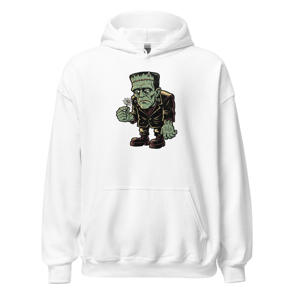 Confused Stitched Monster Holding Daisy Woodcut Tee — white front view