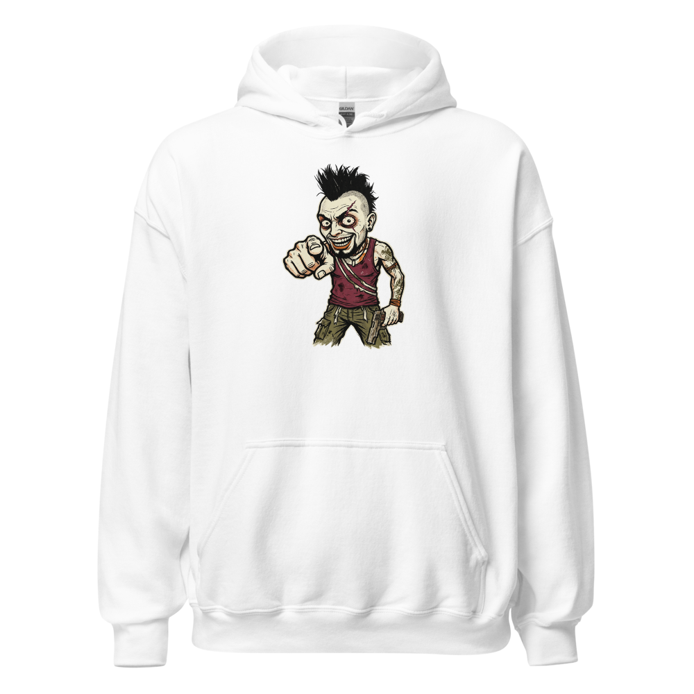 Unhinged Jungle Warlord Punk Caricature Tee — white front view