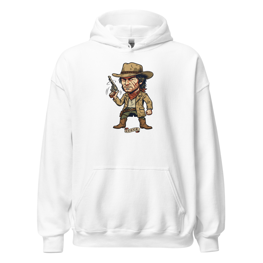 Scarred Outlaw Revolver Spinner Tattoo Flash Tee — white front view