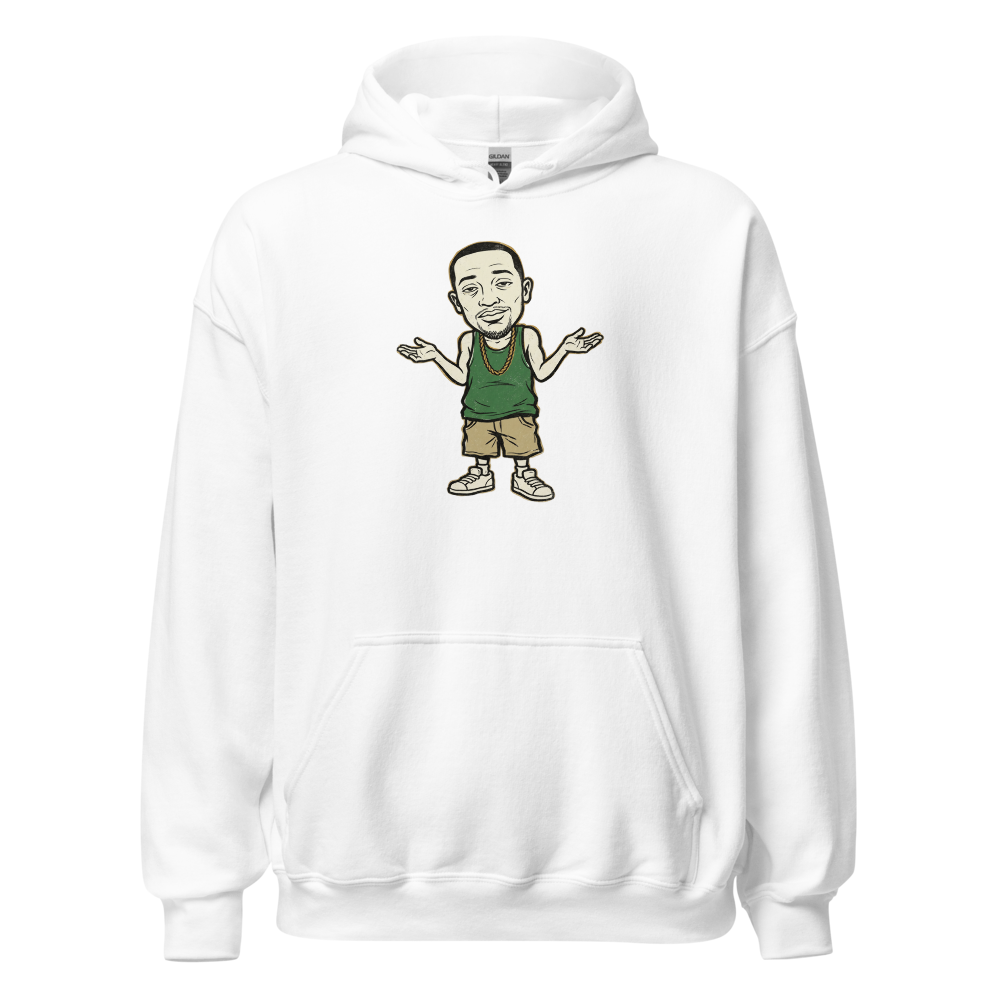 Here We Go Again Open-World Shrug Punk Tee — white front view