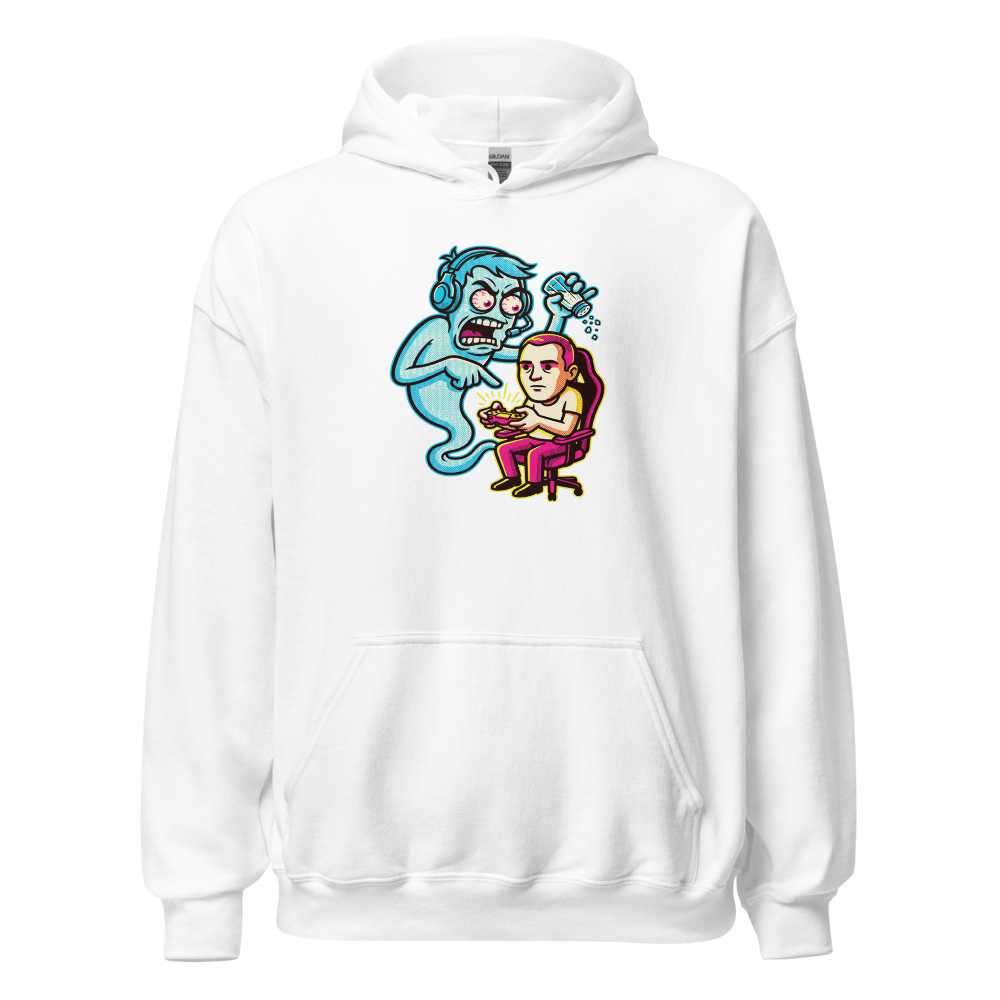 Salty Ghost Backseat Gamer Halftone Pop Art Tee — white front view
