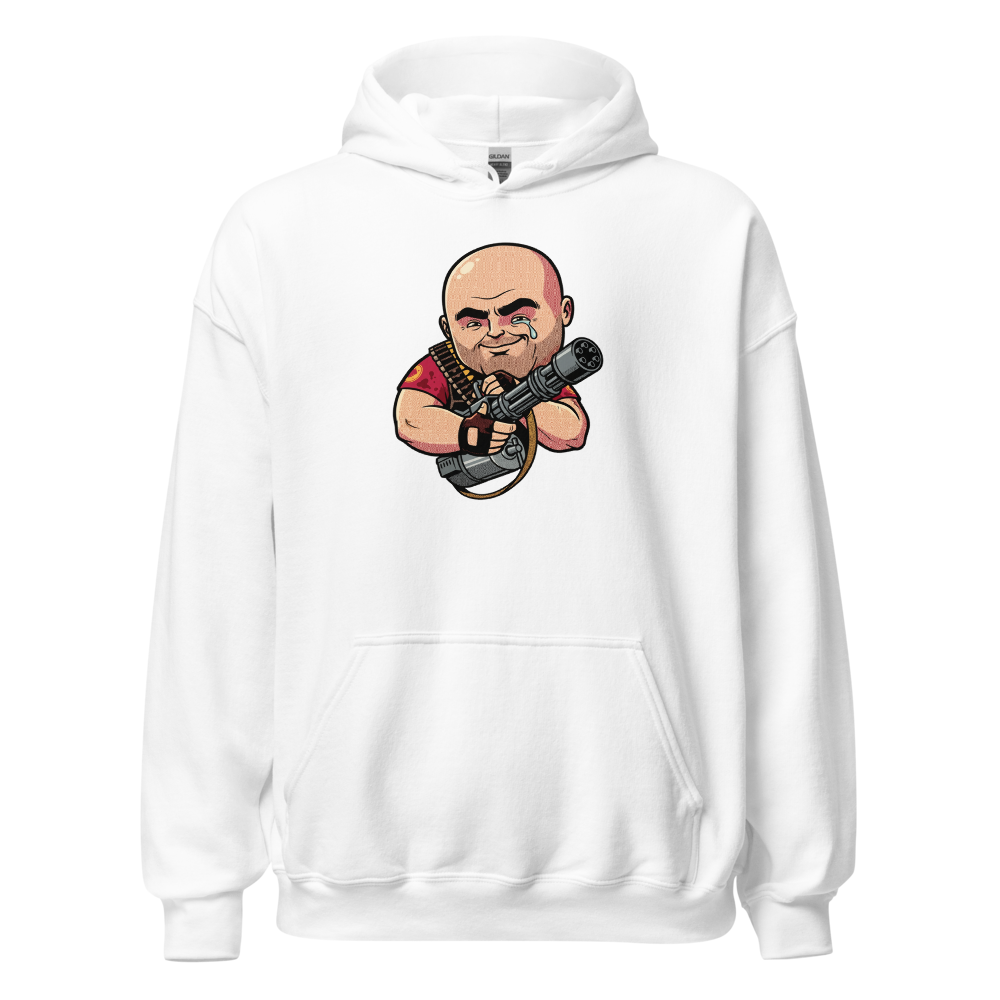 Big Russian Gunner Minigun Hug Pop Art Tee — white front view