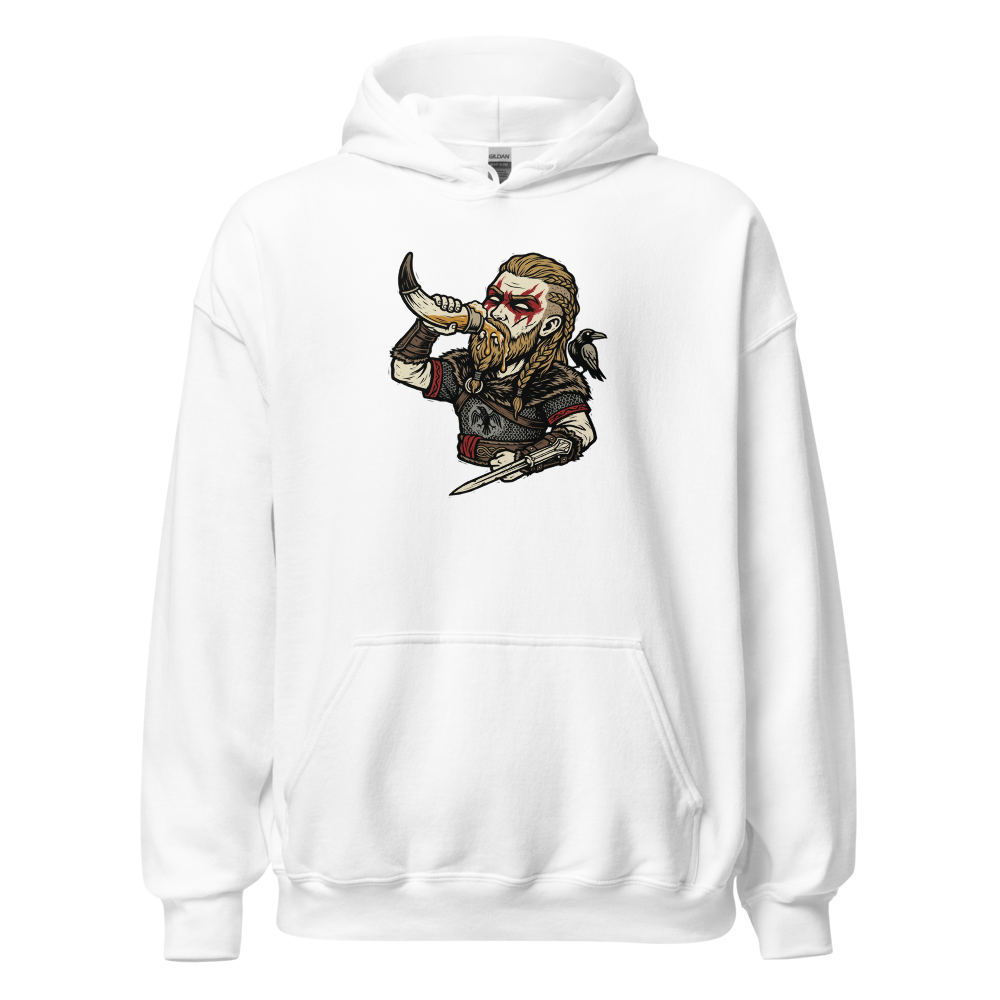 Viking Raider Mead Horn Hidden Blade Woodcut Tee — white front view