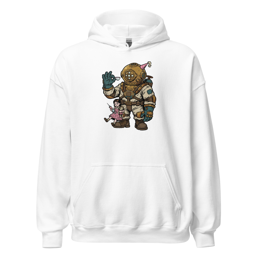 Deep Sea Diver Tea Party Comic Ink Graphic Tee — white front view