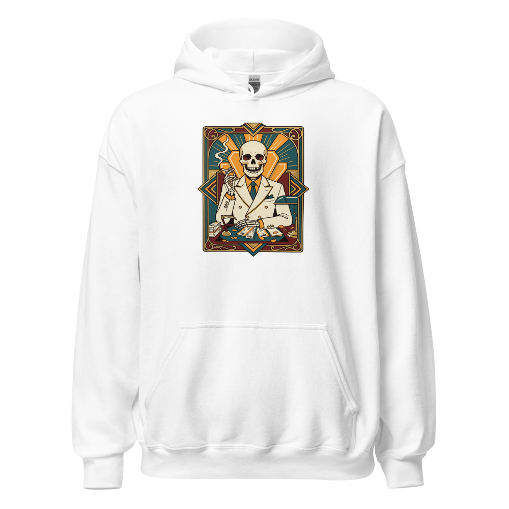 Skeleton Travel Agent Art Deco Noir Tee — white front view