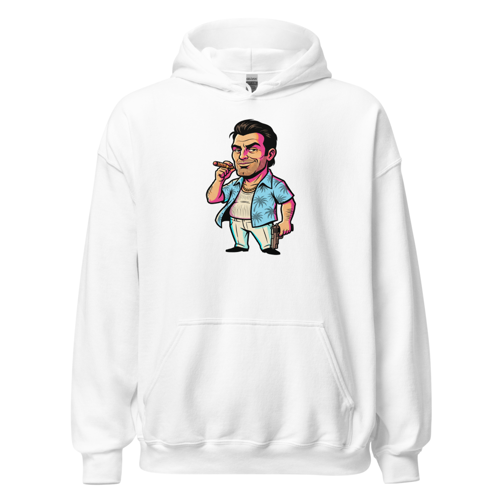 Tropical Mobster Halftone Pop Art Neon Miami Tee — white front view