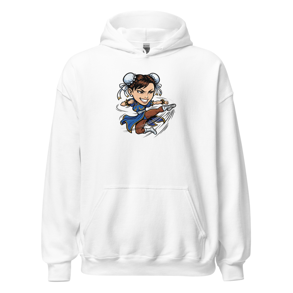 Arcade Fighter Spinning Kick Halftone Pop Art Tee — white front view