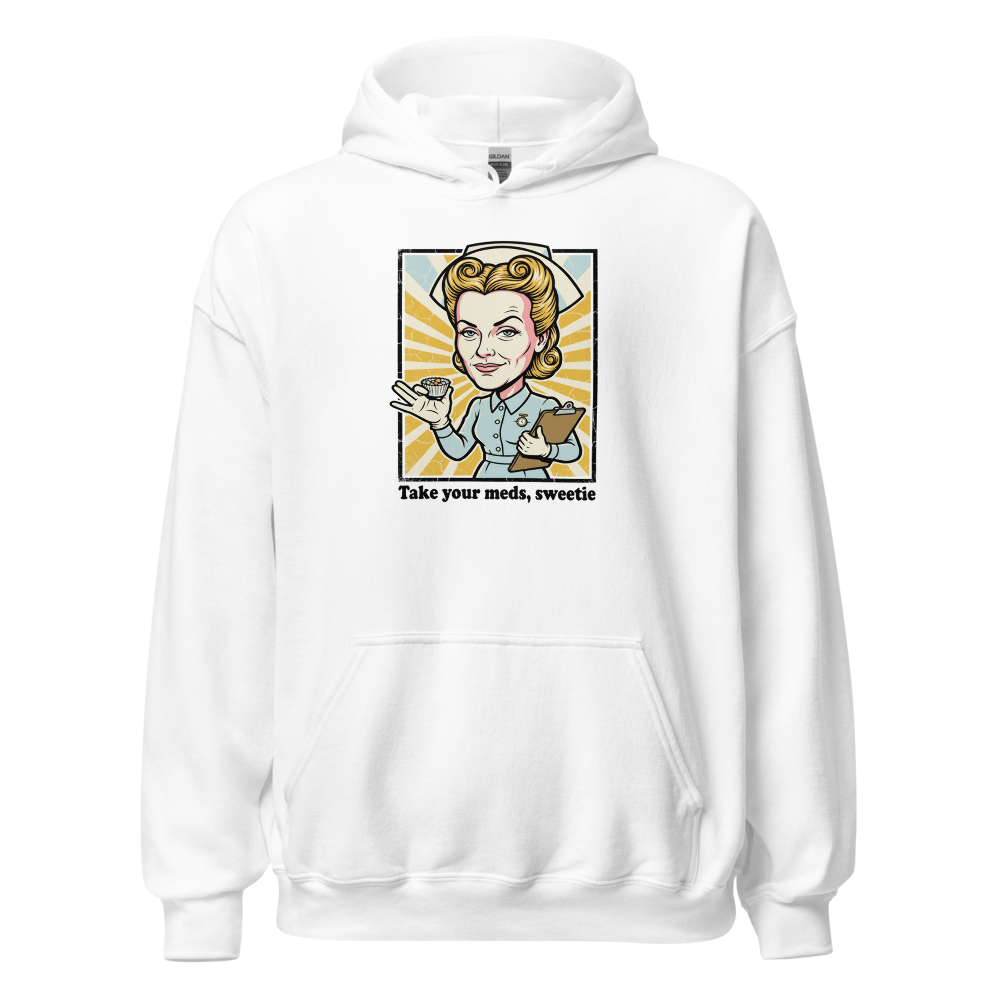 Take Your Meds Sweetie Propaganda Nurse Tee — white front view